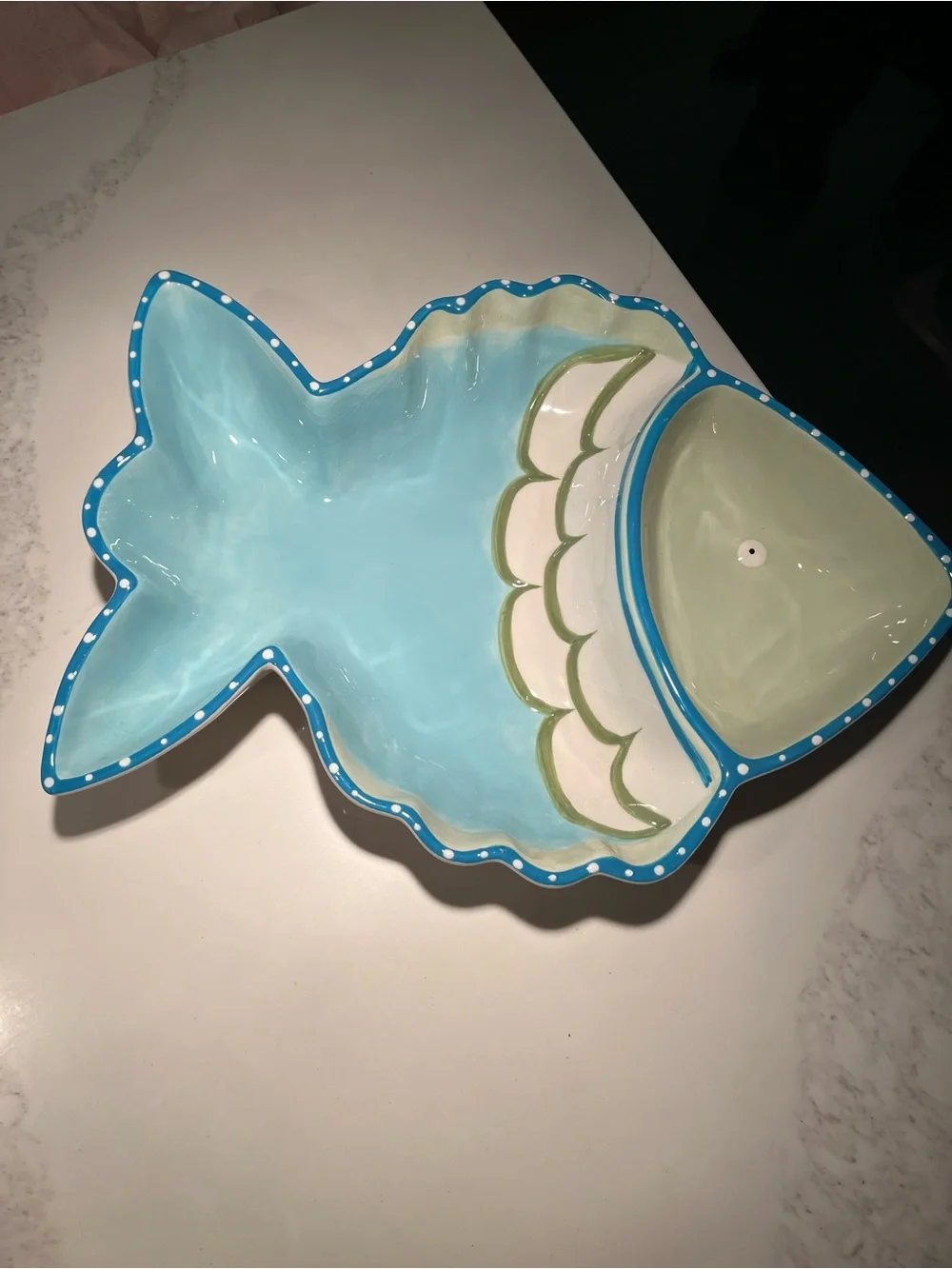 Fabulous green and blue fish serving dish. Hannabells by Johnna Elstob.